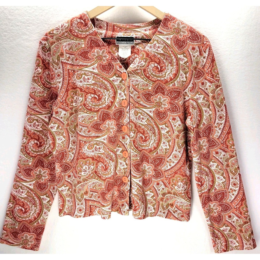 Vtg 90s The Tog Shop Paisley Cardigan L USA‎ Earth Tones Boho Whimsical Retro